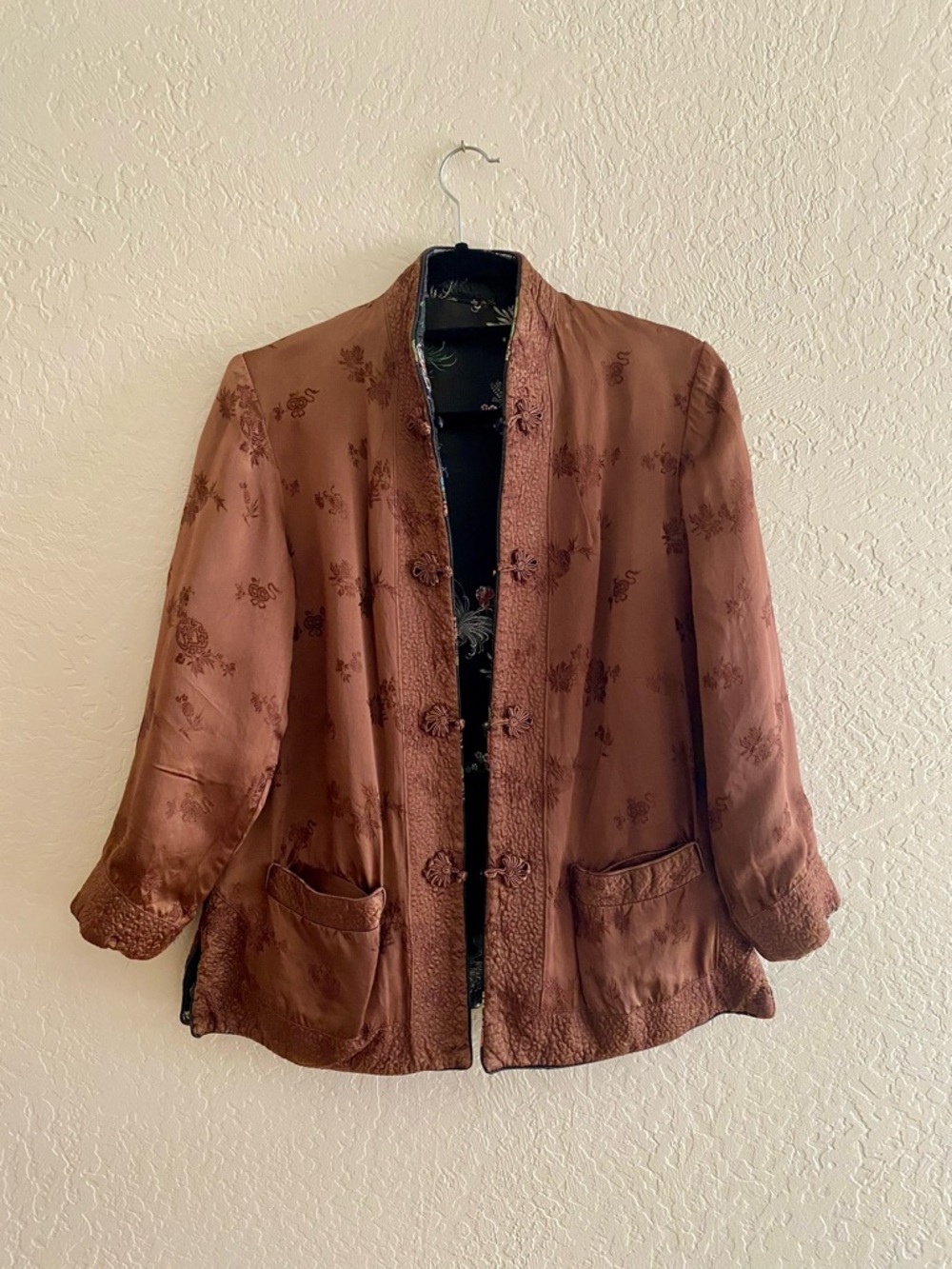 Vintage Floral Embroidered Black Satin Reversable Jacket - Picture 2 of 5